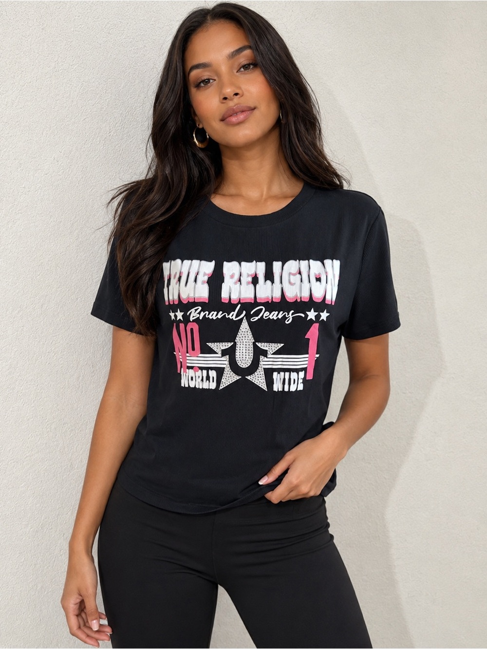 True Religion Black Tee with White and Pink Logo